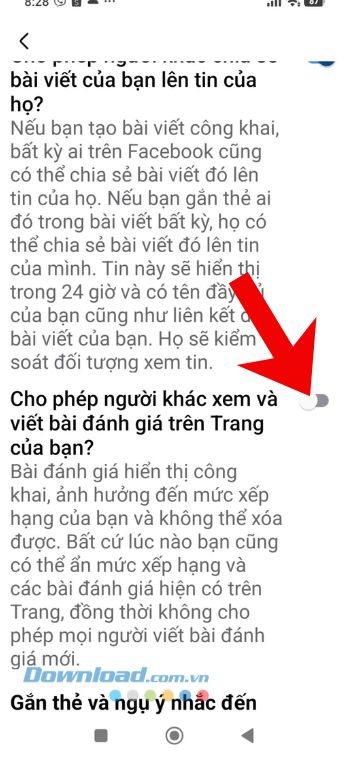 Bật công tắc tại mục Cho phép người khác xem và viết bài đánh giá trên Trang của bạn?.
