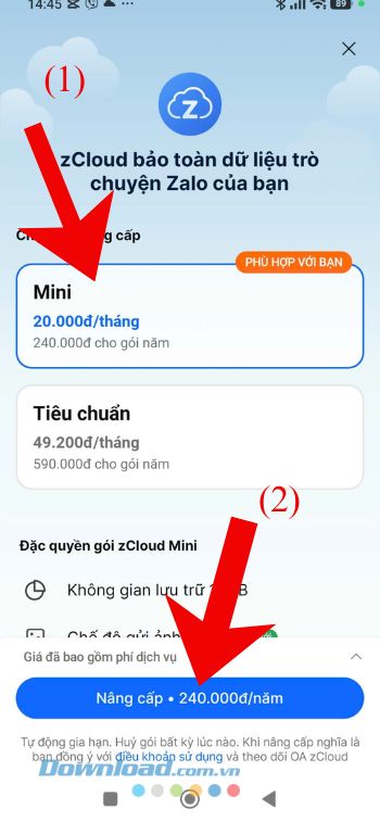 Chọn gói zCloud để nâng cấp > Nhấn vào nút Nâng cấp