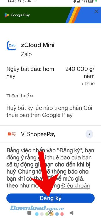 Ấn vào nút Đăng ký và xác nhận thanh toán