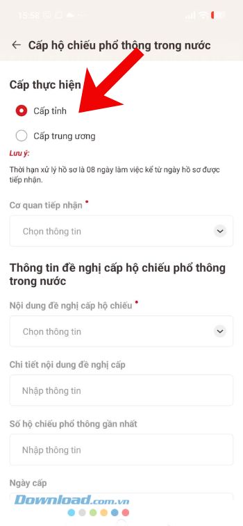 Nhập các thông tin: Cơ quan tiếp nhận, Nội dung đề nghị cấp hộ chiếu, chọn Cấp hộ chiếu gắn chip điện tử hoặc Cấp hộ chiếu không gắn chip điện tử