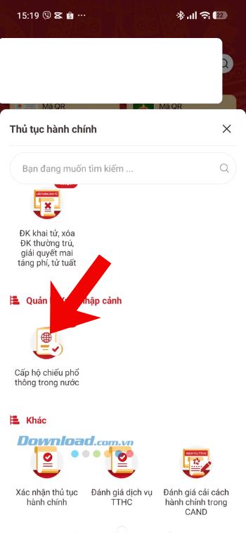 Chạm vào mục Cấp hộ chiếu phổ thông trong nước