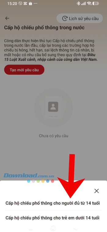 Ấn vào mục Cấp hộ chiếu phổ thông cho người đủ từ 14 tuổi hoặc Cấp hộ chiếu phổ thông cho trẻ em dưới 14 tuổi.
