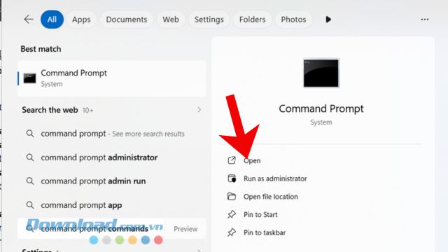 Tìm kiếm và mở công cụ Command Prompt