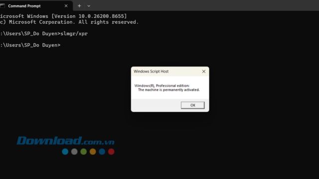 Nếu hiển thị The machine is permanently activated thì đã kích hoạt Windows bản quyền