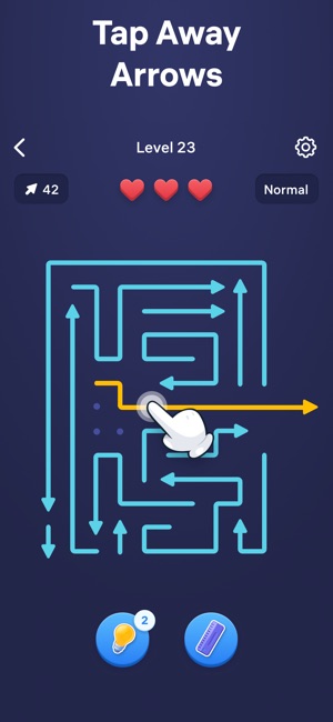 Chạm vào màn hình để rút dần các mũi tên ra khỏi mê cung trong game Arrow Puzzle
