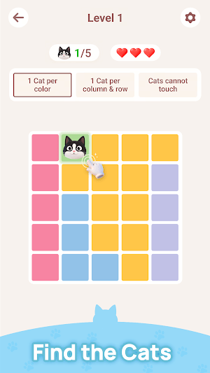 Meowdoku yêu cầu bạn tìm đúng lãnh thổ riêng cho mỗi chú mèo trên bàn chơi