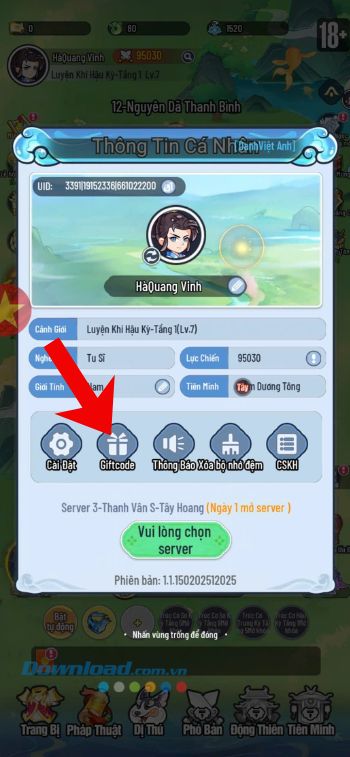 Chạm vào mục Giftcode