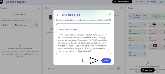 Nhập nội dung vào NotebookLM