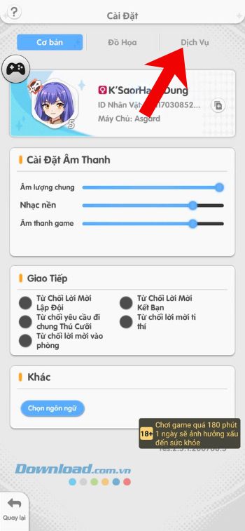 Chạm vào mục Dịch vụ