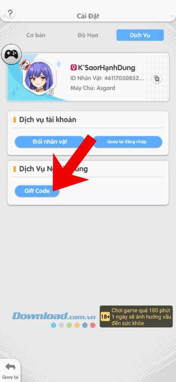Chạm vào mục Gift code