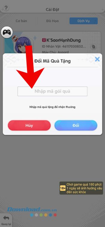 Nhập mã code > Nhấn vào nút Đổi