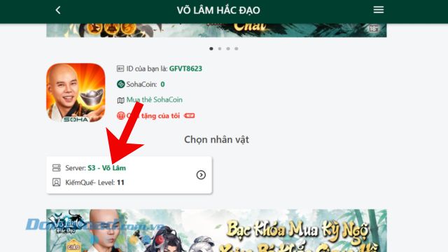 Nhấn vào thông tin nhân vật gồm: Máy chủ, Tên nhân vật