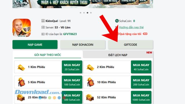 Ấn vào mục Giftcode