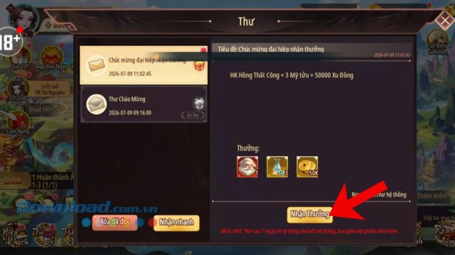 Ấn vào nút Nhận thưởng