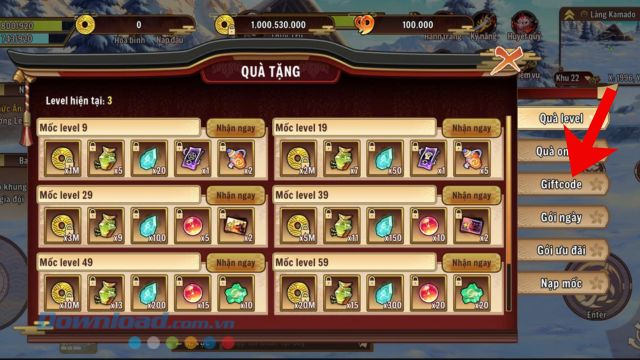 Nhấn vào mục Giftcode