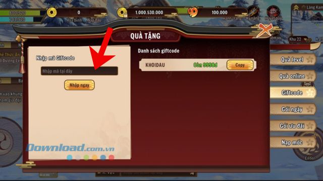 Nhập chính xác mã code > Ấn vào mục Nhận ngay