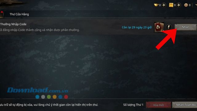Chạm vào nút Nhận tại hòm thư "Phần thưởng nhập code"