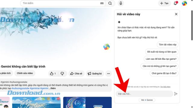 Nhập câu hỏi liên quan đến video, rồi nhấn vào biểu tượng nút Gửi