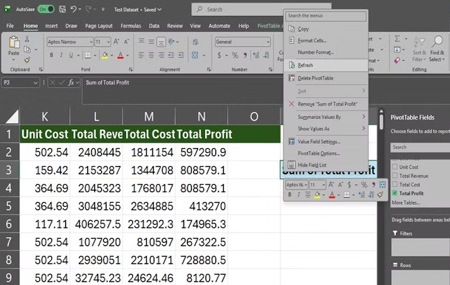 Lỗi làm mới bảng tổng hợp Excel