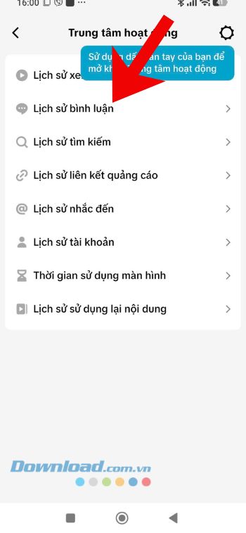 Chạm vào mục Lịch sử bình luận