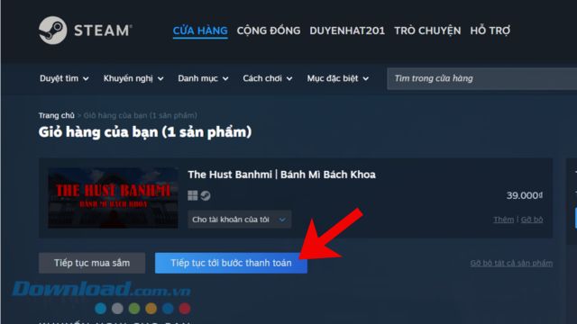 Nhấn vào nút Tiếp tục bước tới thanh toán