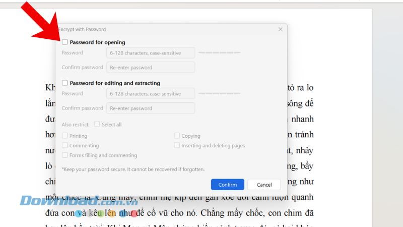 Nhấn vào các mục Password for openning và Password for editing and extracting
