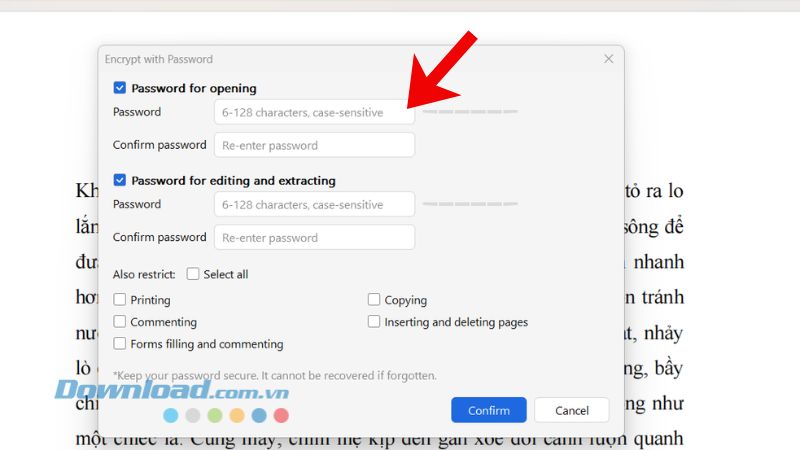Đặt mật khẩu mã hóa tài liệu và nhập lại mật khẩu > Nhấp chuột vào nút Confirm