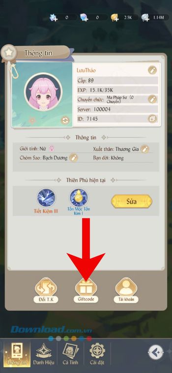 Chạm vào nút Giftcode