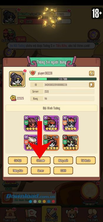 Nhấn vào nút Giftcode
