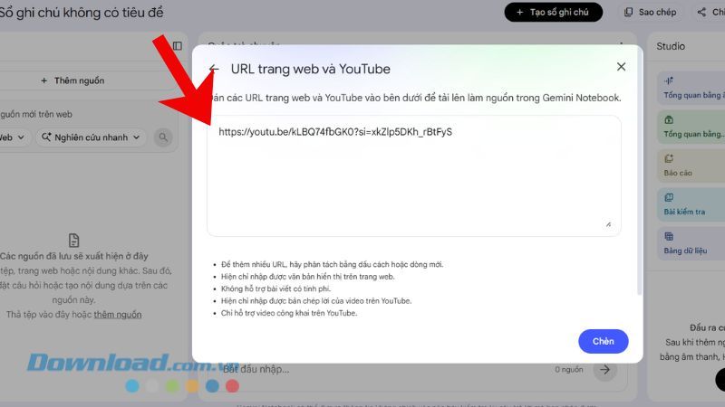 Dán link YouTube vừa copy > Nhấn vào nút Chèn