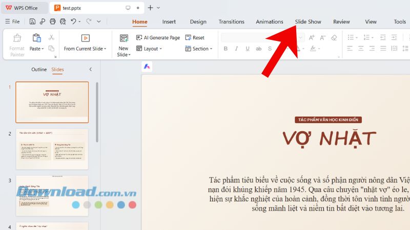 Nhấp chuột vào mục Slide Show