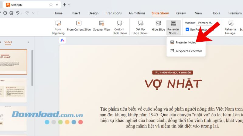Tiếp tục click chuột vào mục Presenter Notes