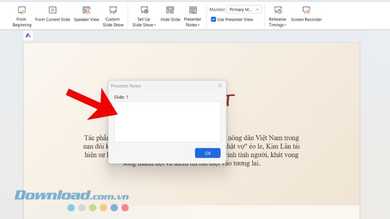 Nhập nội dung ghi chú > Click chuột vào nút OK