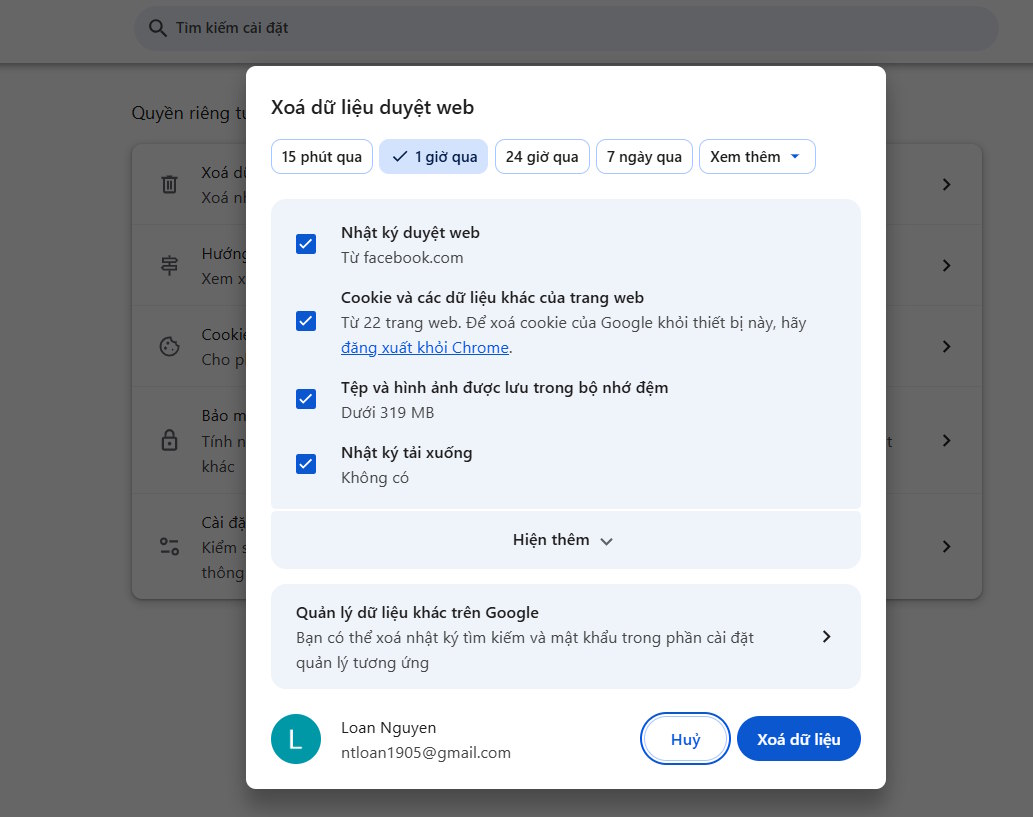 Xóa cache trình duyệt Chrome