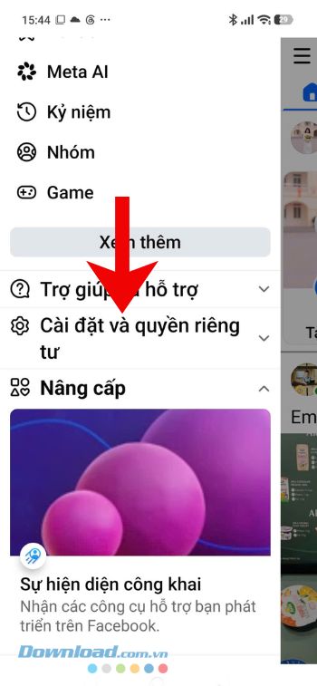 Nhấn vào mục Cài đặt và quyền riêng tư