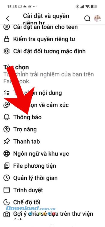 Chạm vào mục Thông báo