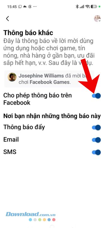 Tắt công tác tại mục Cho phép thông báo trên Facebook