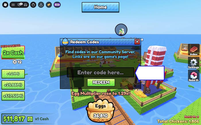 Hướng dẫn nhập code Roblox Chicken Farm