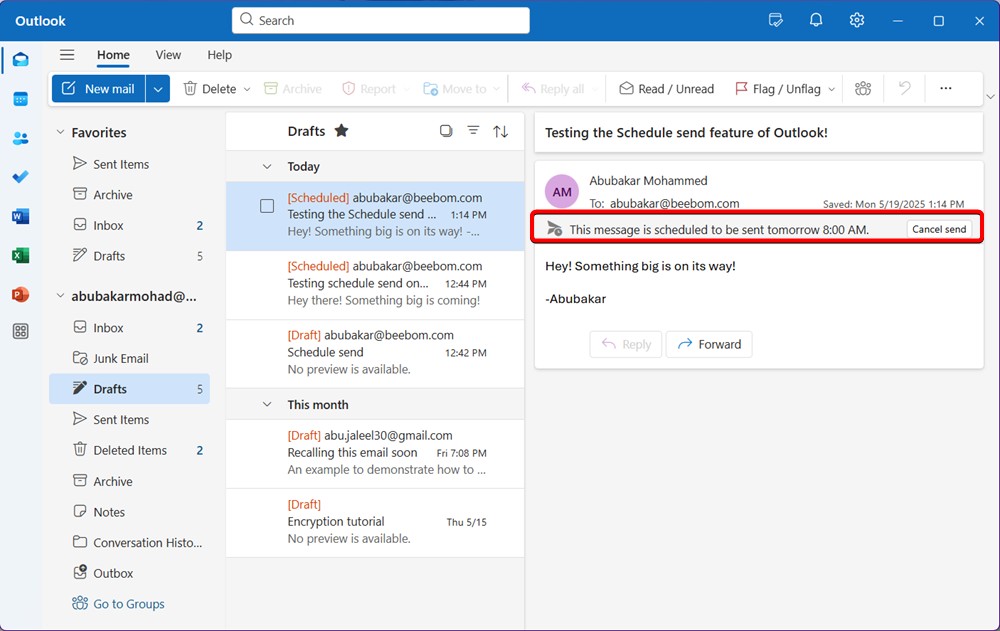 Lên lịch gửi email trong mục thư nháp