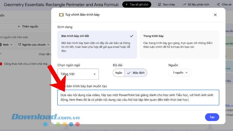 Lựa chọn ngôn ngữ Tiếng Việt > Nhập câu lệnh để chuyển video YouTube thành bài giảng PowerPoint > Nhấn vào nút Tạo
