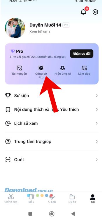 Chạm vào banner quảng cáo tài khoản Pro