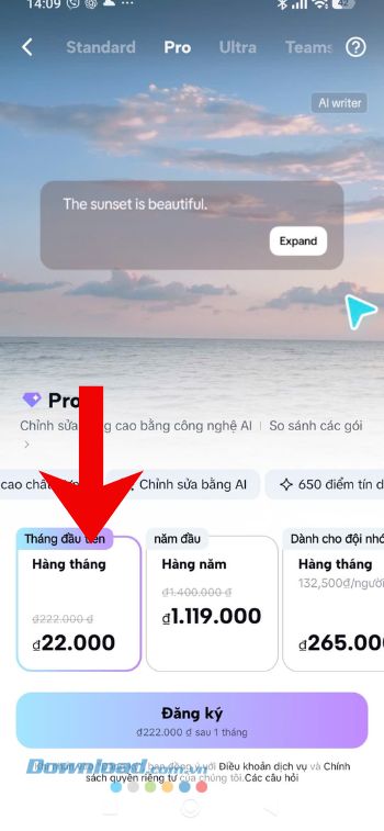 Lựa chọn gói CapCut Pro phù hợp > Nhấn vào nút Đăng ký