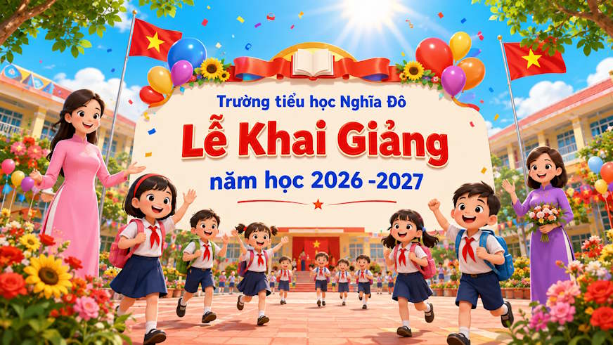 Backdrop khai giảng kiểu hoạt hình đẹp mắt