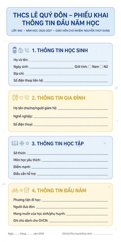 Phiếu kê khai thông tin học sinh lớp 9