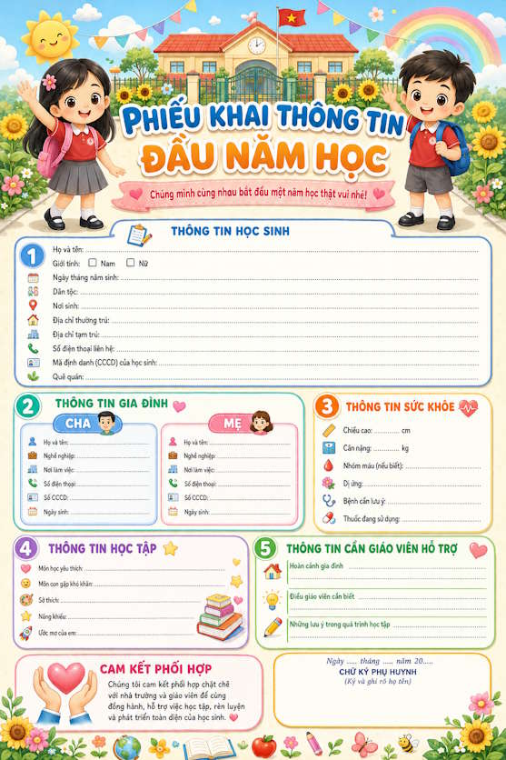 Mẫu phiếu kê khai thông tin học sinh