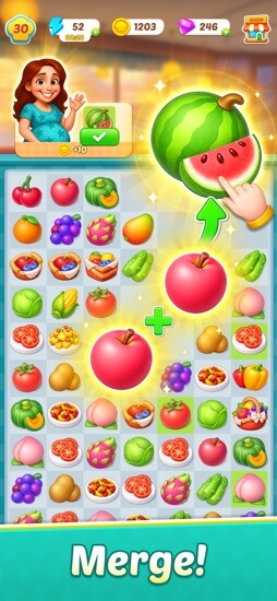 Merge Kitchen - Cook & Story là game mô phỏng nấu ăn kết hợp cơ chế hợp nhất nguyên liệu