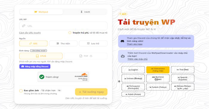 Giao diện của Wattpad Downloader web