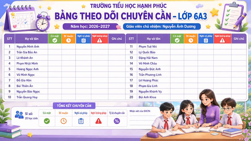 Mẫu bảng theo dõi chuyên cần kiểu ngang