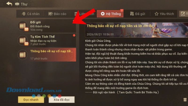 Nhấn vào tiêu đề thư "Đổi gói"