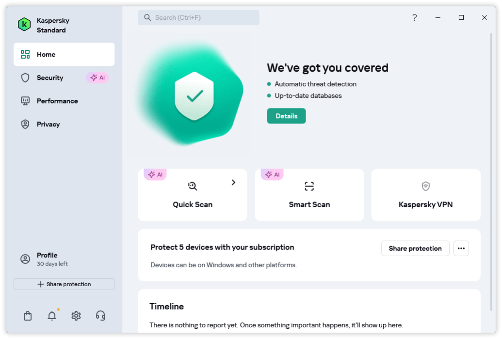 Giao diện phần mềm Kaspersky Standard